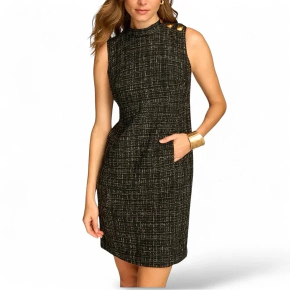 Donna Karan | Dresses | Donna Karan Tweed Mock Neck Shift Dress Size 2 Nwt Black  Gold Sleeveless Office | Poshmark